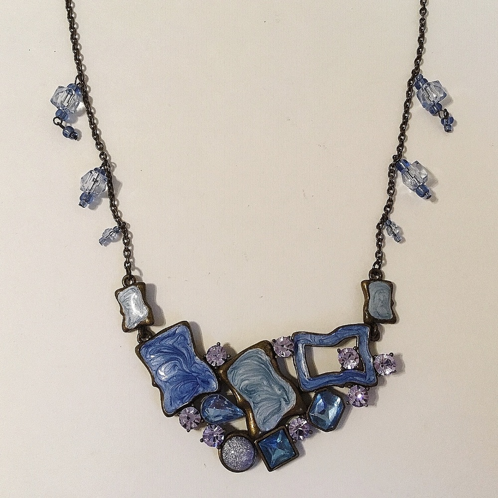 Statement Necklace Choker Blue Enamel Beads Clear Rhinestone Brass Chain Vintage